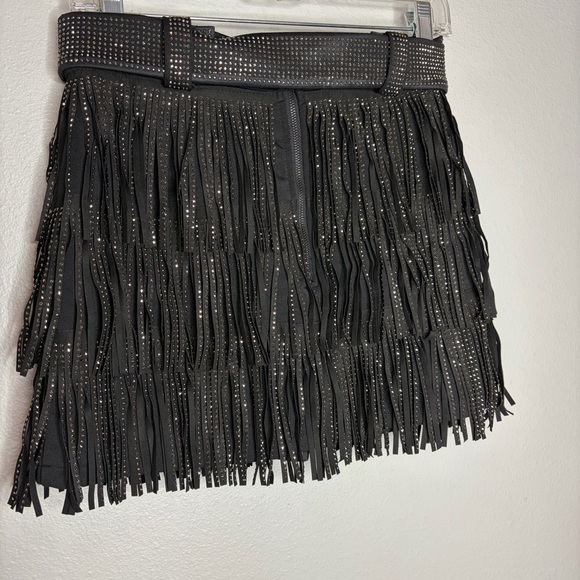Nylon Apparel Rhinestone Multilayered Tassel Belted Mini Skirt Small Black New - Picture 5 of 8